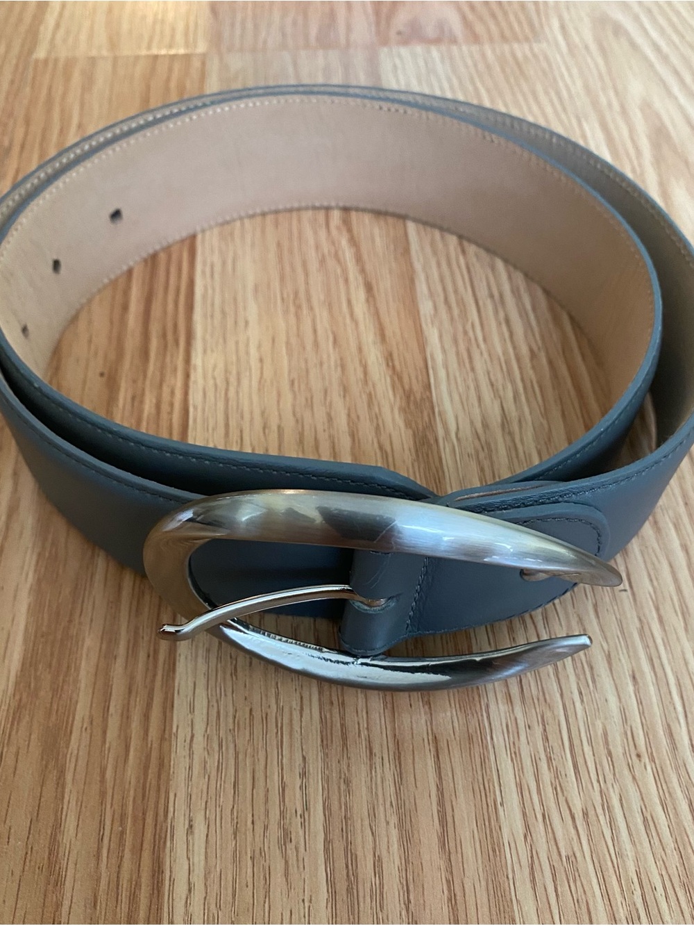 Daguet France Full Grain Leather Belt Size 100 (~38 Us)Gray Silver Curved Buckle